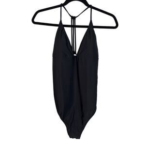 Volcom One Piece Swimsuit Womens XL Black Simply Solid 1PC Halter V-Neck NWT